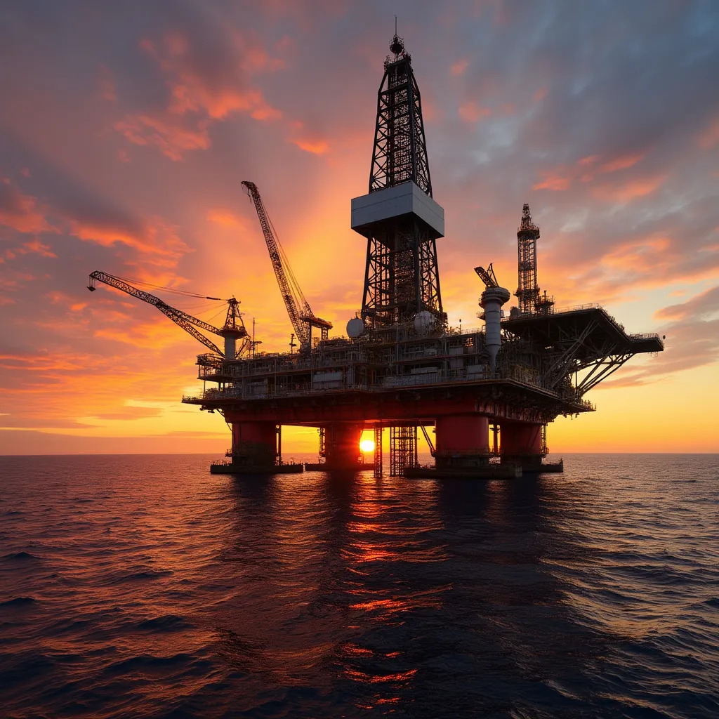 Plataforma petrolera en Vaca Muerta al atardecer